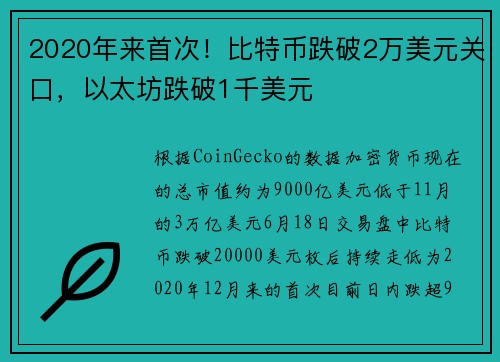 2020年来首次！比特币跌破2万美元关口，以太坊跌破1千美元
